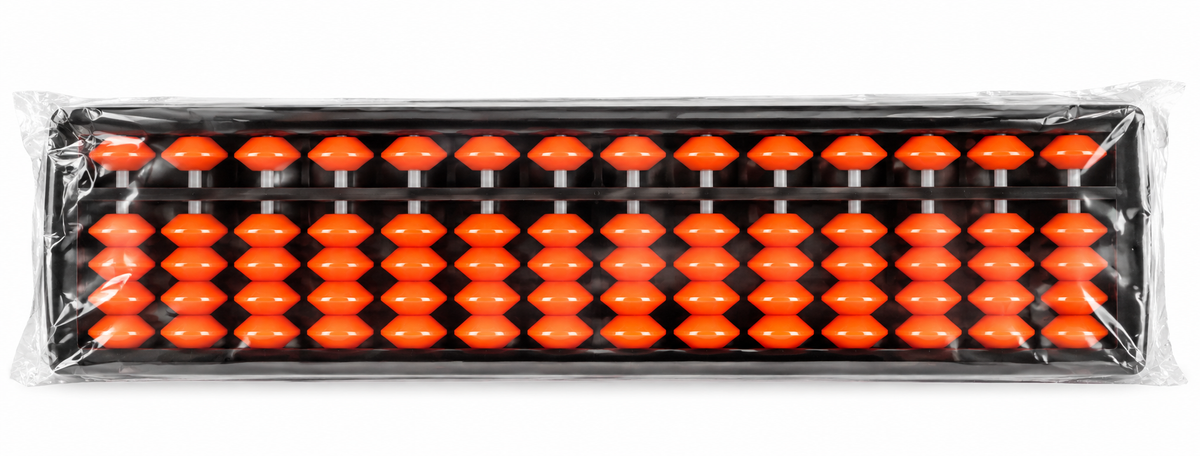 A set of bright orange plastic abacus rods in a black frame, packaged in a clear plastic sleeve on a white background.