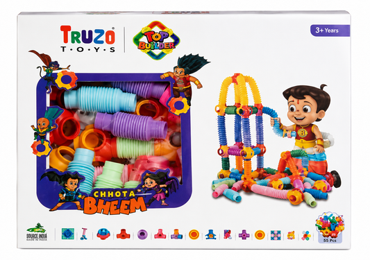 Truzo Toys Chhota Bheem plastic building toy set in its original retail packaging, featuring a colorful assortment of flexible tubes and building blocks, with character illustrations of Chhota Bheem and a constructed toy structure on a white background.