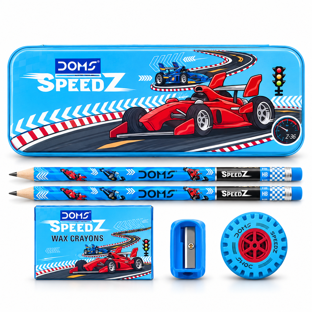 DOMS Speedz Stationery Set | Pencil Box with Pencils, Wax Crayons, Sharpener & Eraser