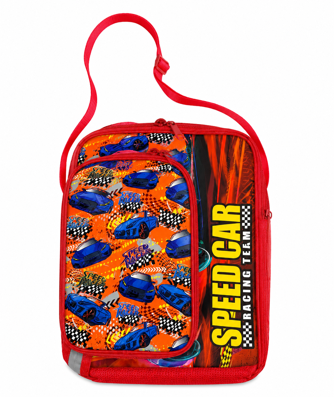 A red and orange racing-themed lunch bag with a shoulder strap, featuring blue race cars, checkered flags, and a vertical 'SPEED CAR RACING TEAM' graphic on the front.