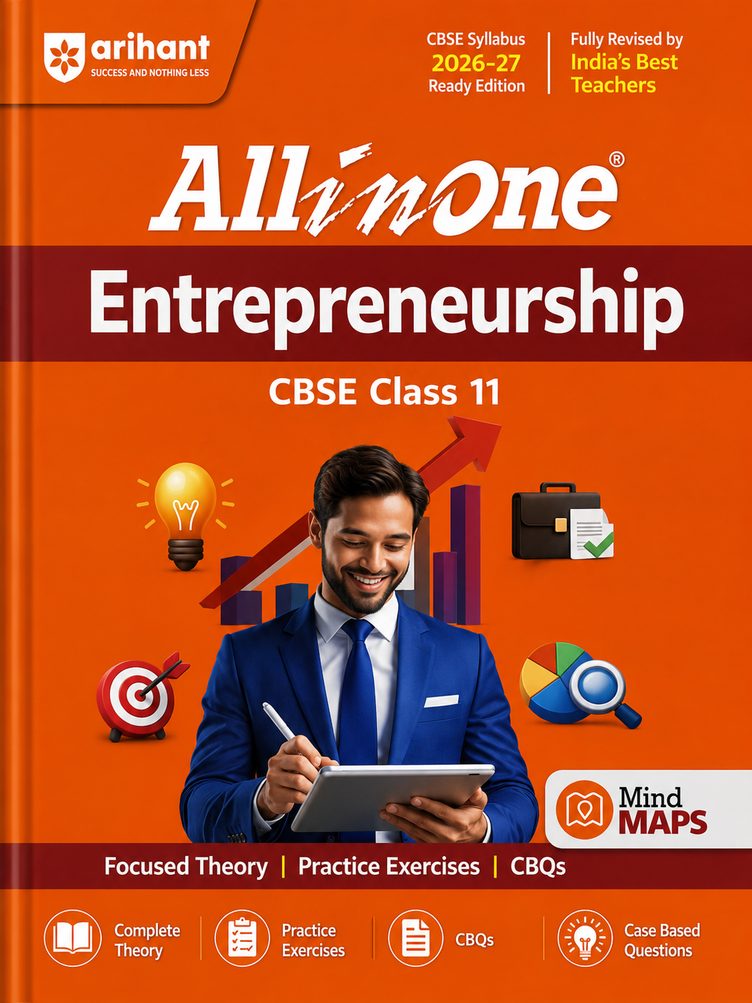 Book cover of 'All in One Entrepreneurship' for CBSE Class 11 by Arihant, featuring a man with a tablet and business icons on an orange background.