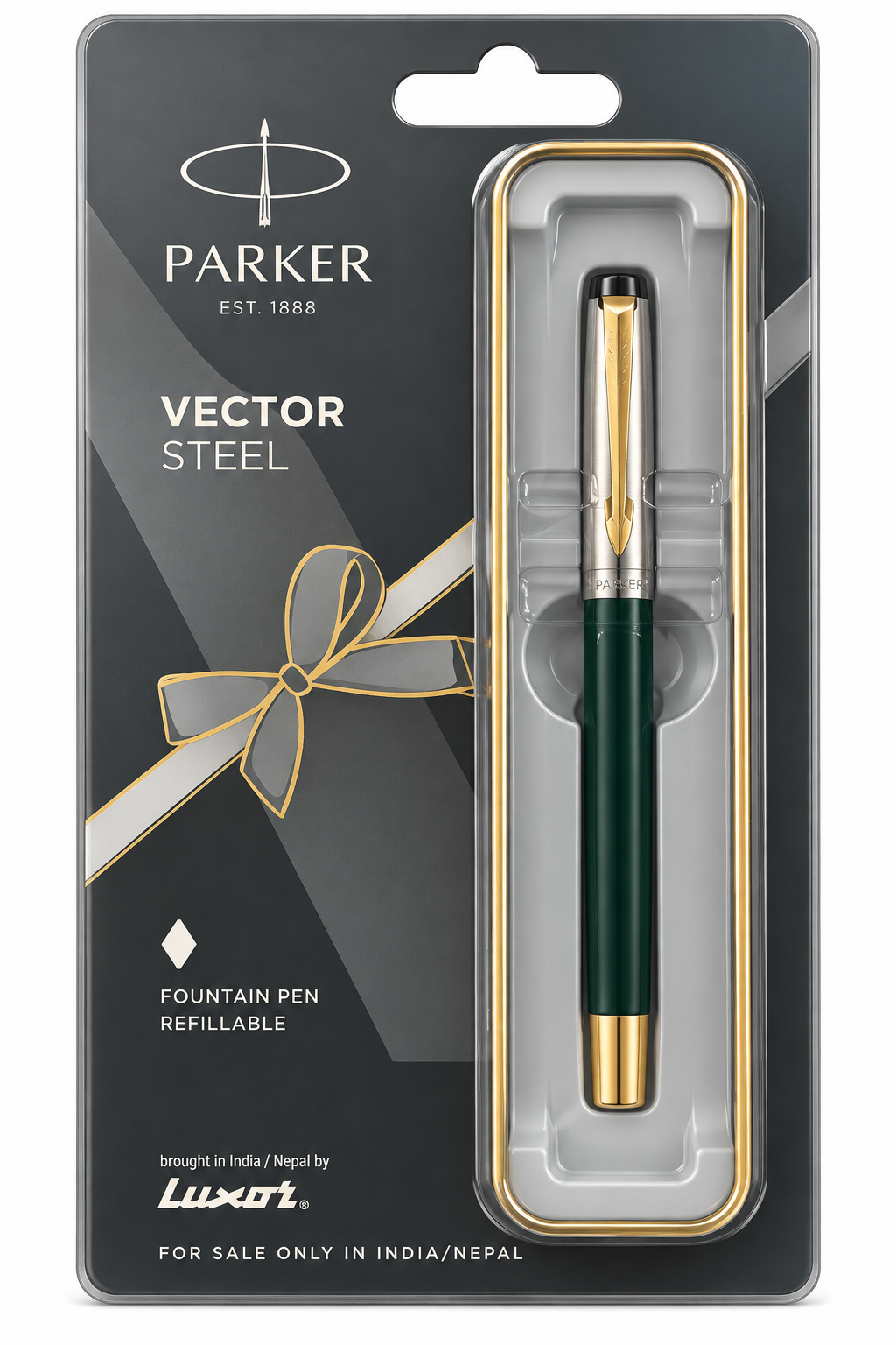 Parker Vector Steel fountain pen refillable pen in its original retail blister packaging. The pen features a dark green barrel with gold accents, and the packaging is dark gray with gold and white branding.