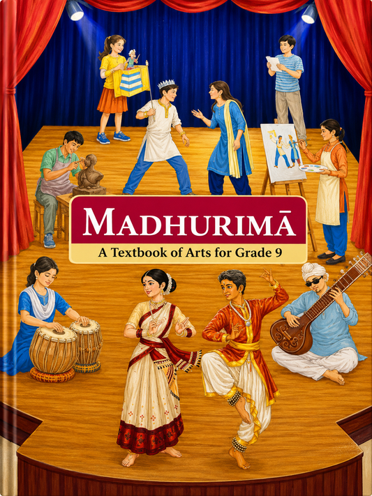Textbook cover of 'Madhurimá' with illustrations of people performing arts on a stage.