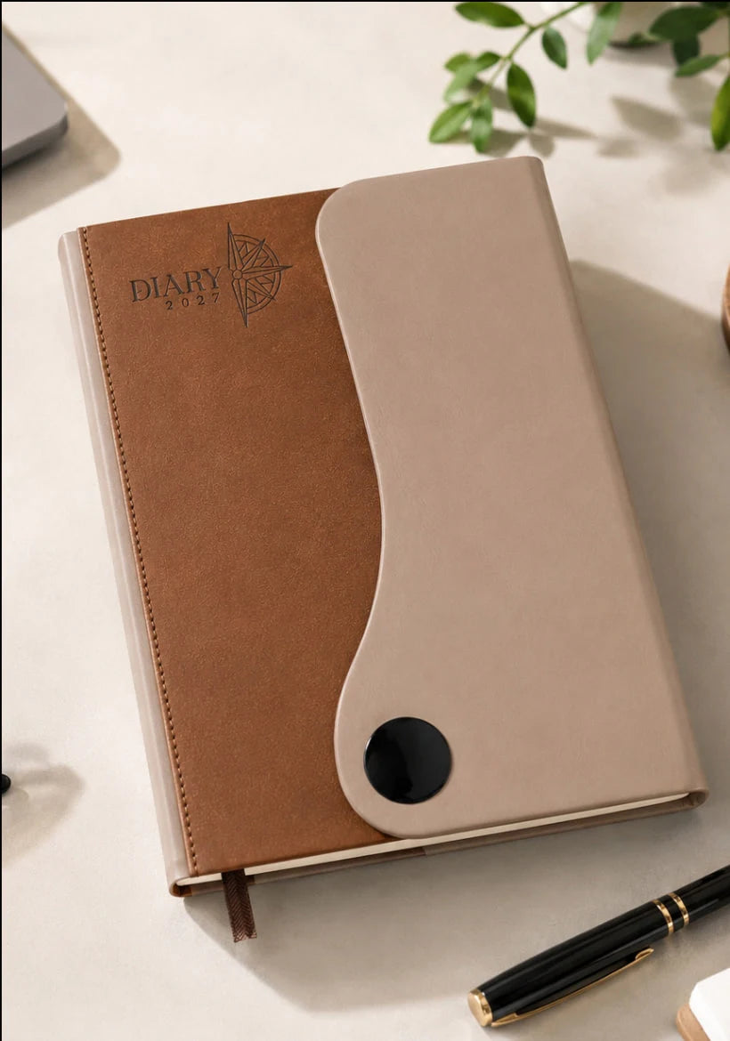 2027 brown and beige customizable executive diary with curved flap, black button accent and ribbon bookmark

