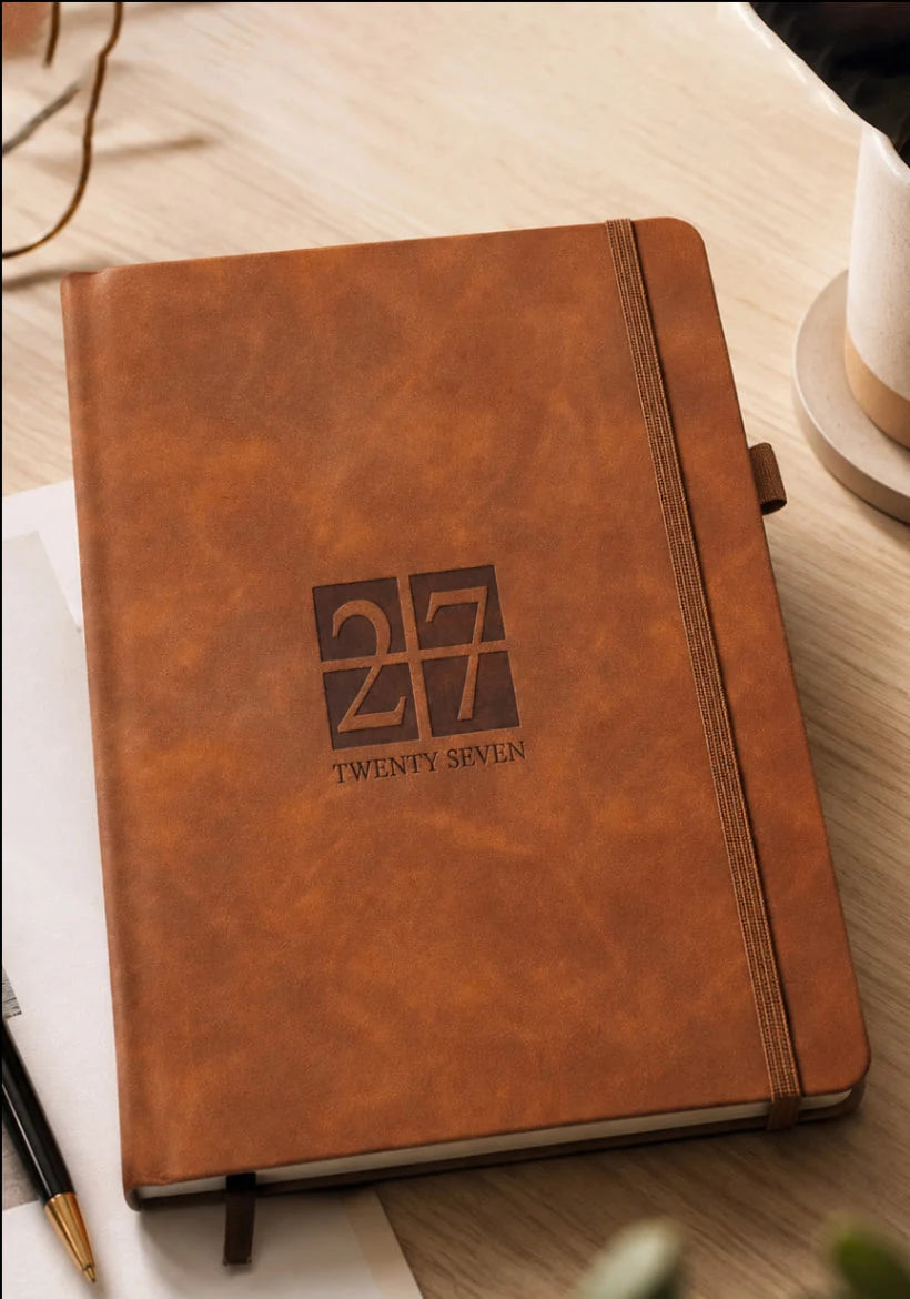 2027 brown foam thermal PU executive diary with elastic closure, pen loop and ribbon bookmark

