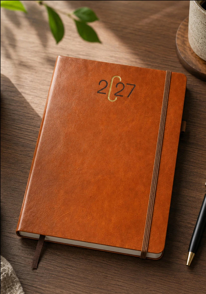 A brown faux-leather 2027 planner or journal with an elastic closure band, resting on a wooden desk next to a pen, with soft shadows and green leaves in the background.