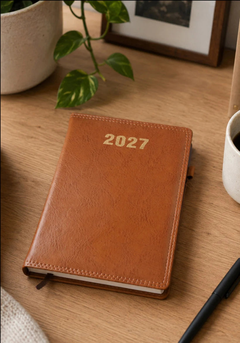 2027 tan brown foam thermal PU executive diary V-204 with textured cover, stitched edges, gold-coloured year lettering, and ribbon bookmark.