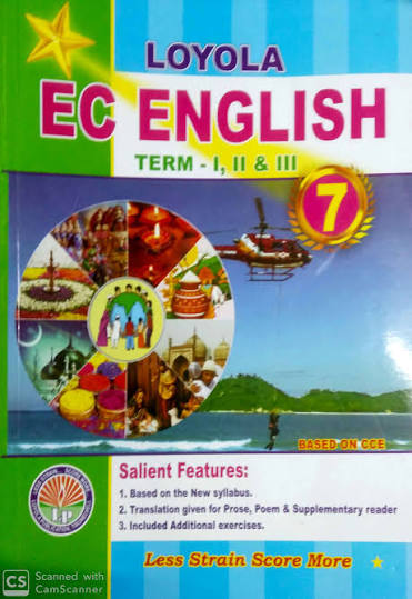 Loyola English Medium English Guide for Class 7 covering Term I, II and III with prose, poetry, supplementary lessons, grammar exercises, translation practice, vocabulary development, additional exercises, and exam preparation content based on the Tamil Nadu State Board syllabus.