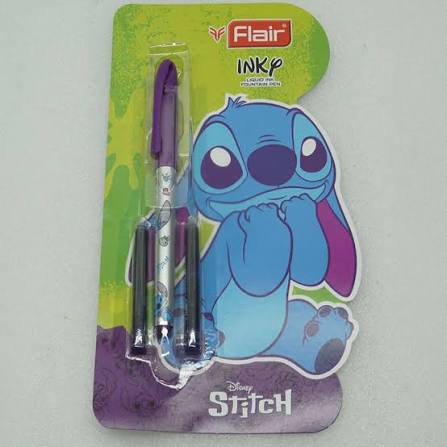 Disney Stitch Flair Ink pen set in its original blister packaging, featuring a purple and silver retractable pen with a Disney Stitch character card backing.