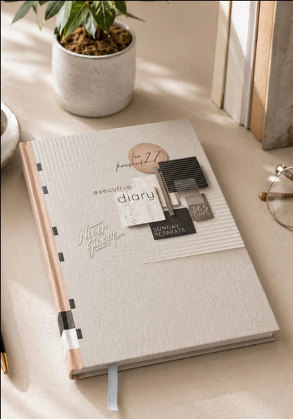 2027 cream and rose gold paper pasting executive diary V-336 with decorative printed cover, 365 Days design, and ribbon bookmark.