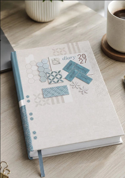 2027 cream and blue paper pasting executive diary V-337 with geometric cover design, planner-themed graphics, blue spine, and ribbon bookmark.