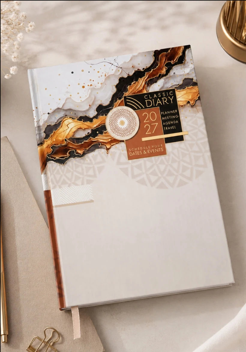 2027 cream, black and gold paper pasting executive diary V-345 with marble-inspired cover, classic diary design, planner details, and ribbon bookmark.
