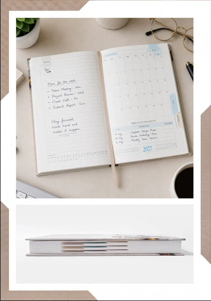 2027 Customizable Cream Black & Gold Paper Pasting Executive Diary – V-345