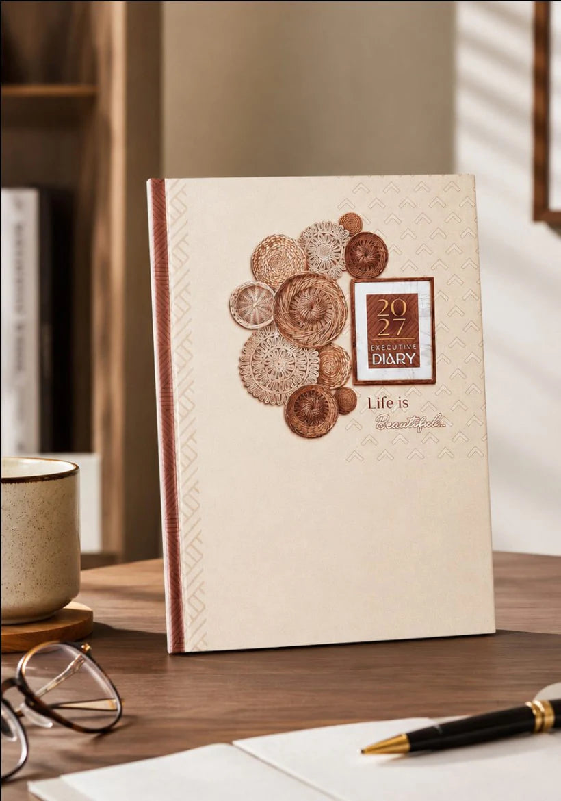 2027 cream and rose brown paper pasting executive diary V-353 with decorative circular artwork, patterned spine, and Life is Beautiful cover text.