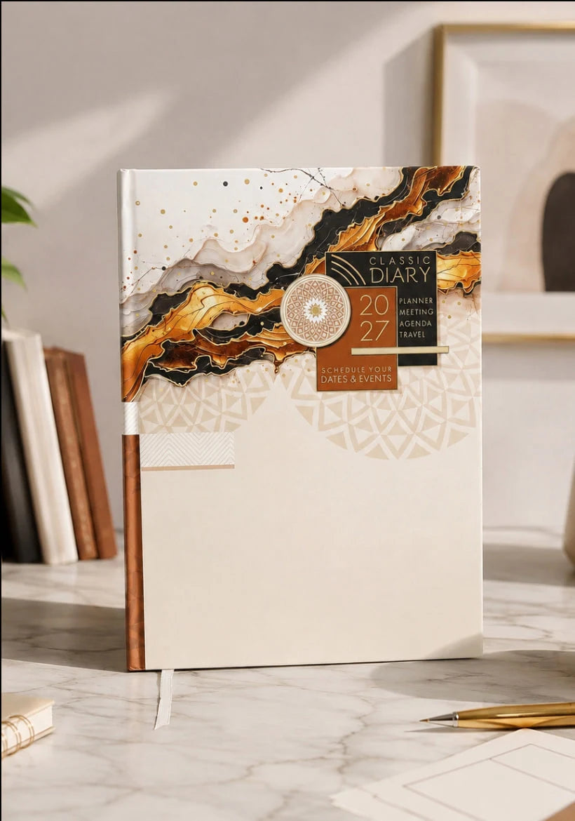 2027 cream, black and gold paper pasting executive diary with marble-inspired cover, geometric patterns, brown spine, planner-themed lettering, and ribbon bookmark.