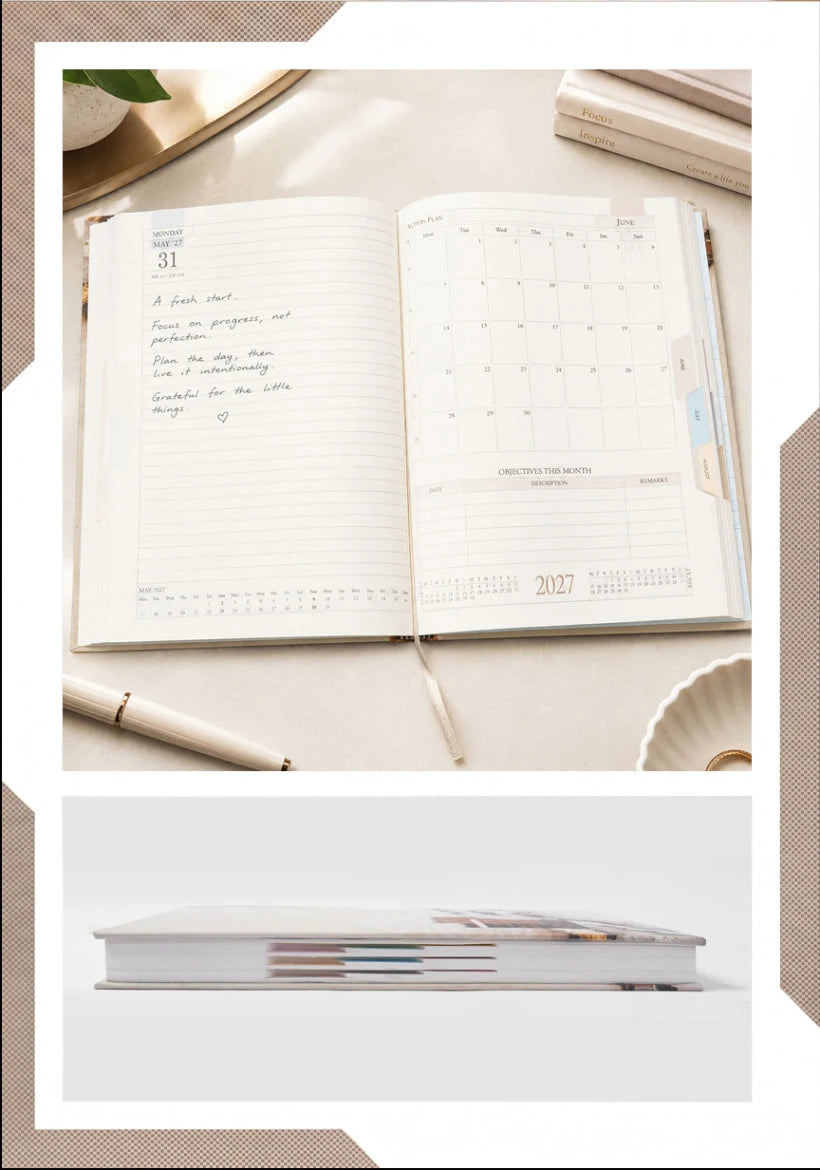 2027 Customizable Cream, Black & Gold Paper Pasting Executive Diary – V-358