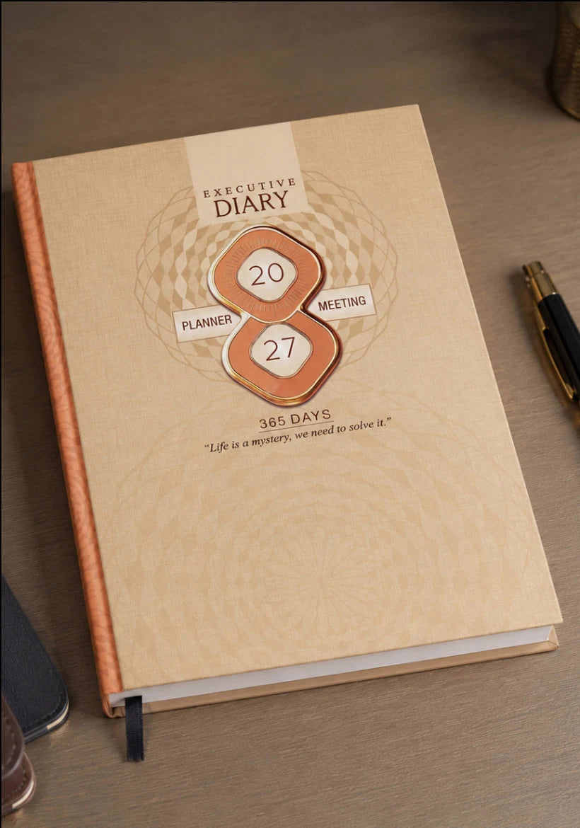A beige leather-bound executive diary with a textured cover, featuring a central metallic rose-gold and white emblem that reads '20 MEETING 27 365 DAYS'. The diary is shown on a wooden desk next to a black pen.