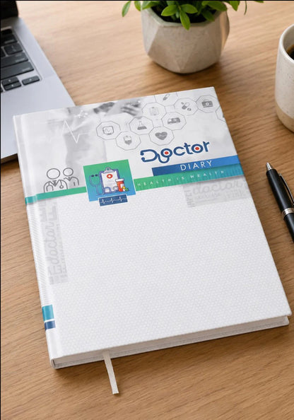 2027 Vision Diaries V-384 Doctor Diary with white medical-themed cover, blue and green accents, healthcare illustrations, and ribbon bookmark.