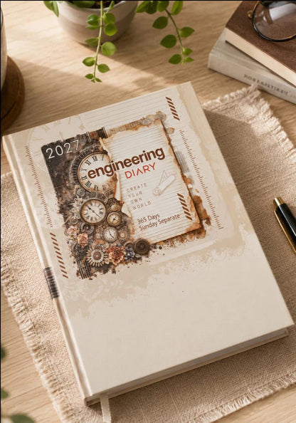 A hardcover engineering diary for 2027 lies open on a beige fabric surface on a wooden desk, surrounded by books, a pen, and a small plant. The cover features a vintage-inspired collage with gears, clocks, and the title 'engineering DIARY' in brown and red text.