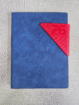 Blue textured surface with a red corner piece on a gray background
