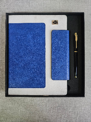 Blue and white stationery set with a pen in a black box on a gray background