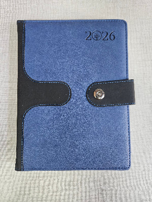Blue planner with black accents and '2026' embossed on a light gray background